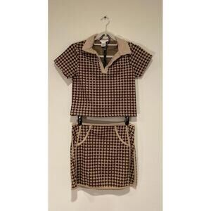 Kirious Women's Two-Piece Skirt Suit Set Brown Tan Checkered size M